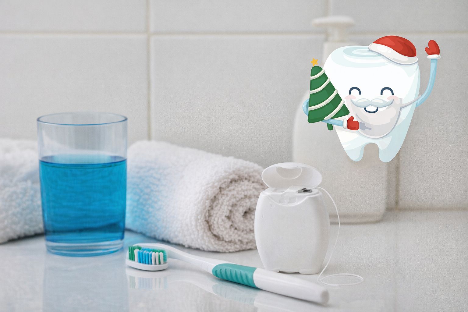 Baderomstilbehør for tannpleie med en illustrert tann i nisselue.