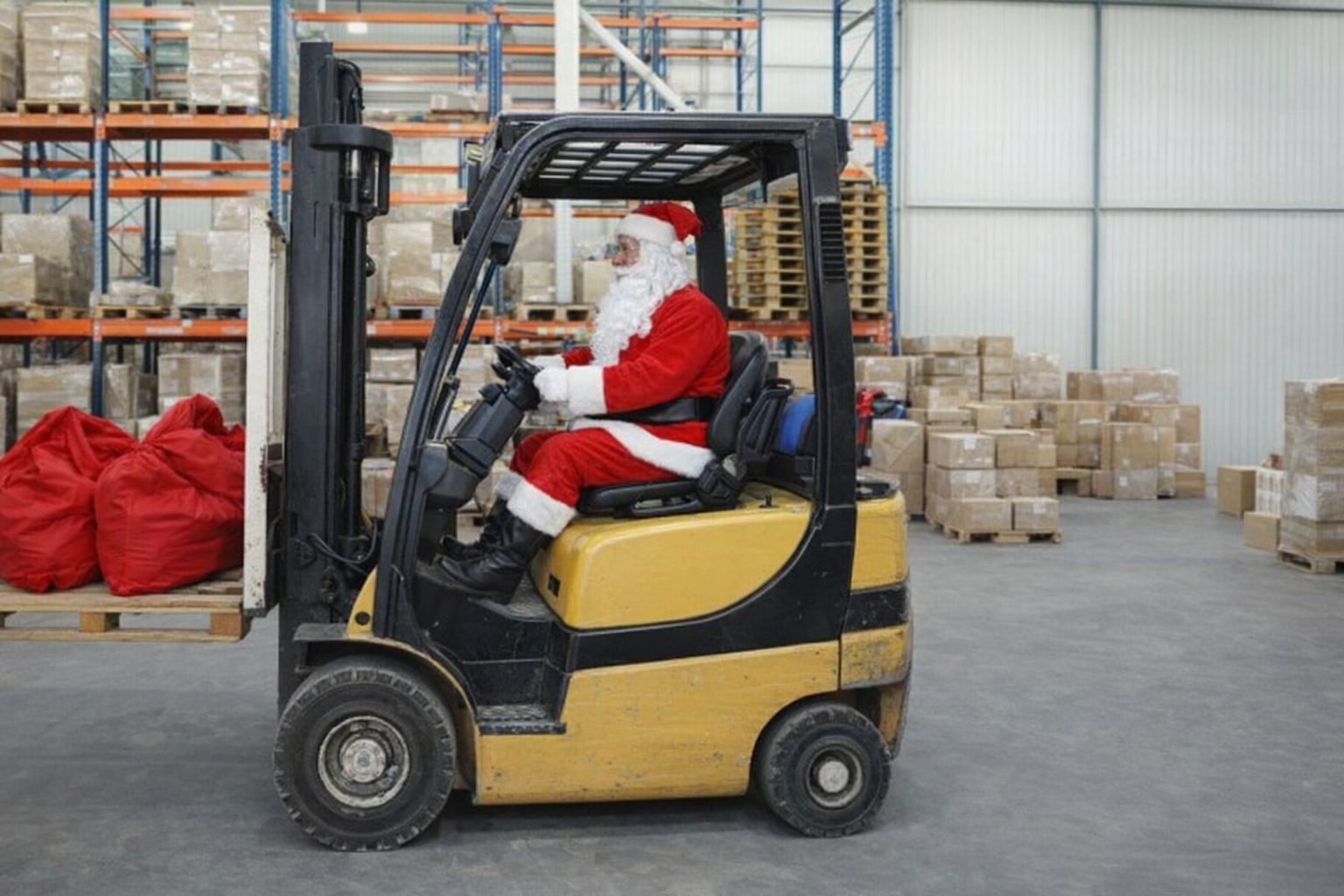Julenissen kjører gaffeltruck med røde sekker i et travelt lagerlokale.